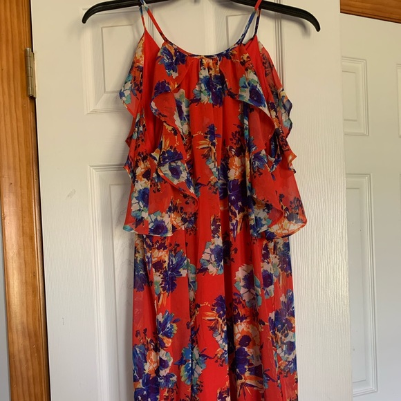 Red and Blue Floral Cold Shoulder Dress - Picture 2 of 5